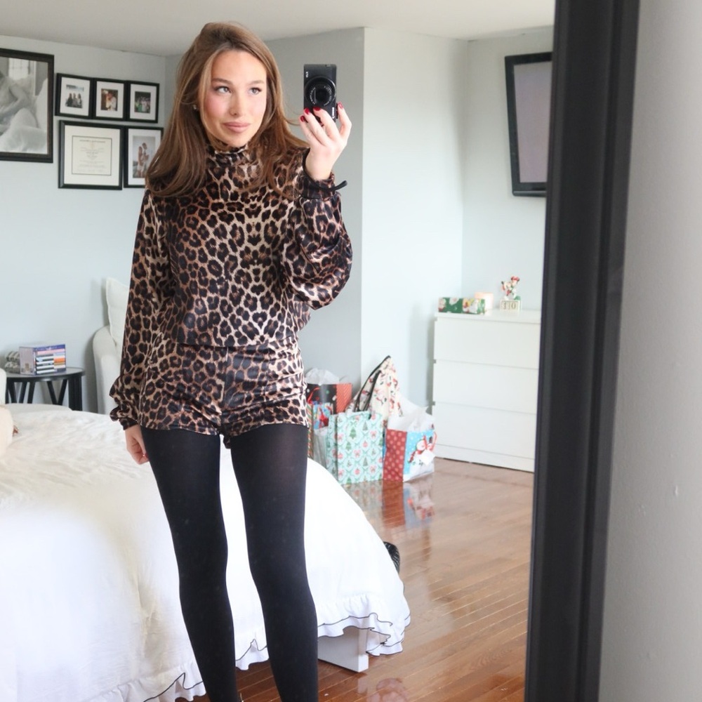 Leopard Print Long Sleeve Top and Shorts Set